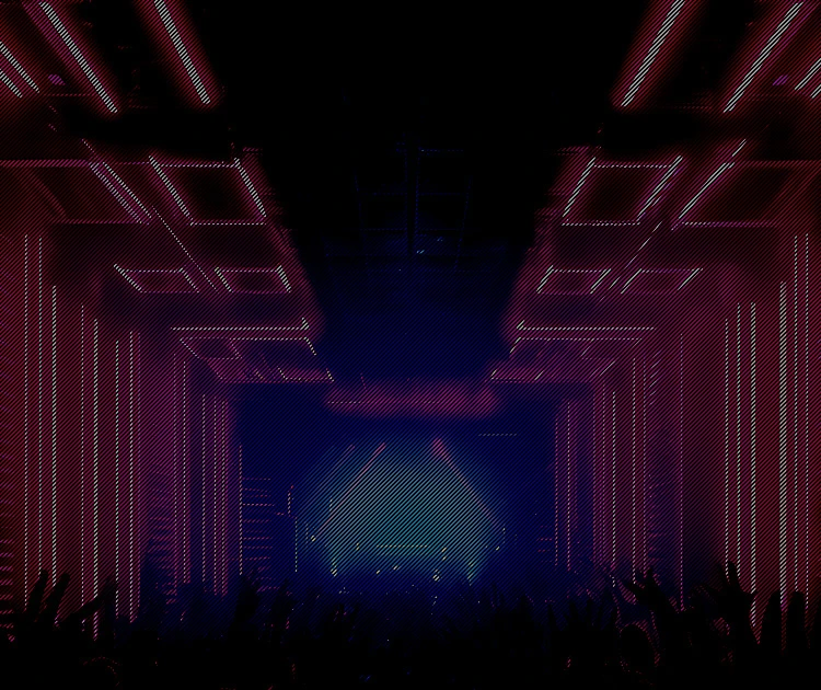 クラブのネオンライトと盛り上がる観客の夜のパーティーイベント